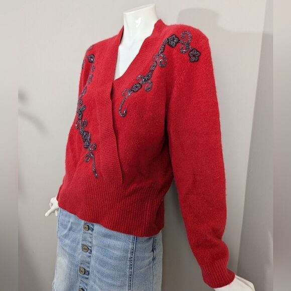 Vintage lambswool angora 80s sweater faux wrap beaded size L. - Picture 3 of 7